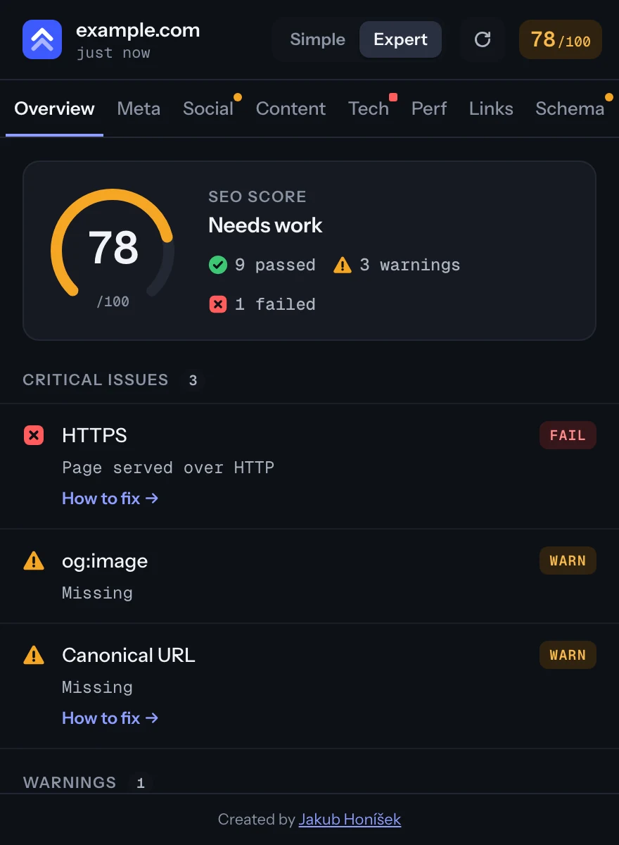 Expert mode in the dark theme: score gauge, eight tabs and every check with pass, warn and fail labels