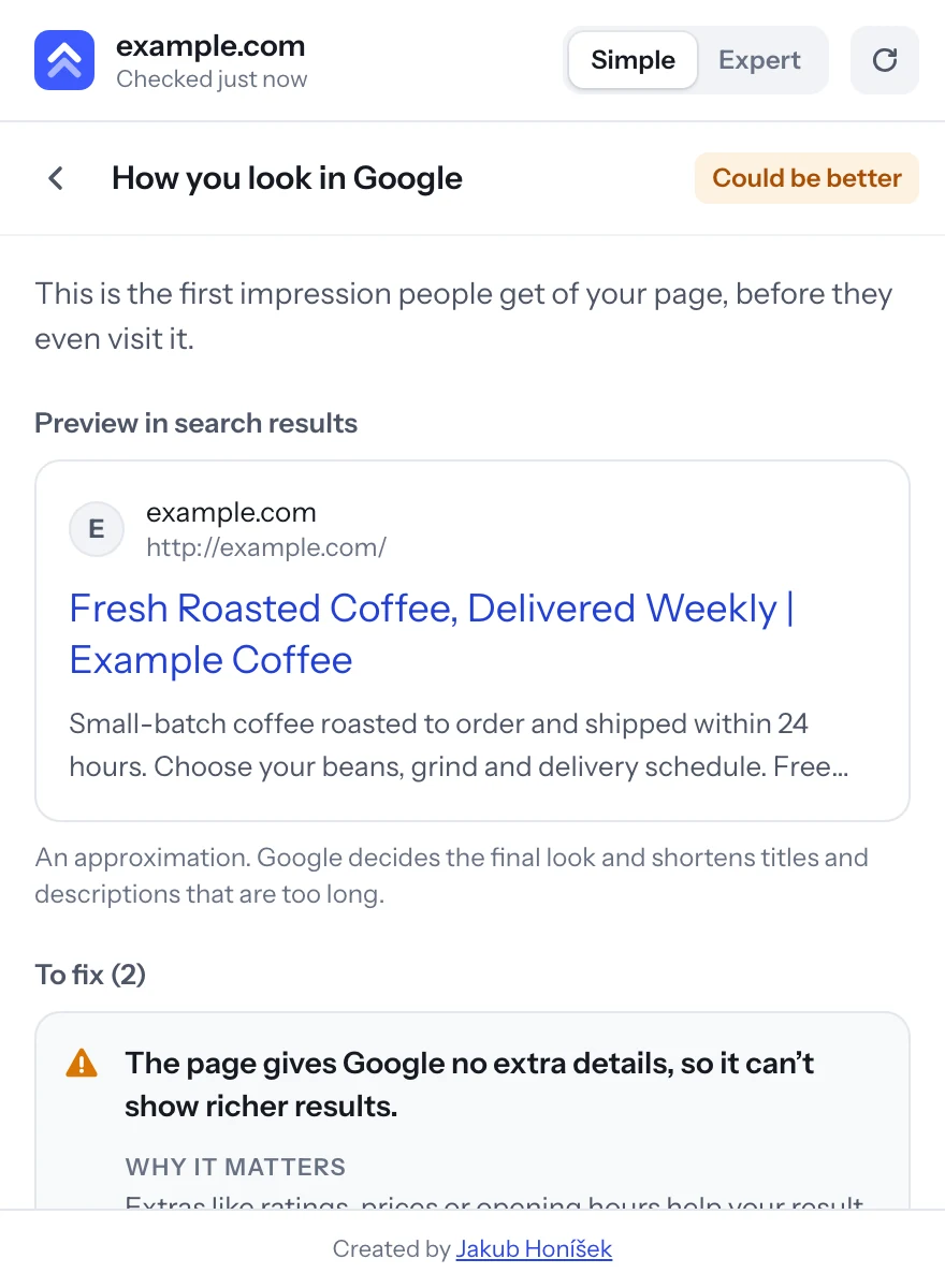 Preview of the page’s Google search result in Simple mode