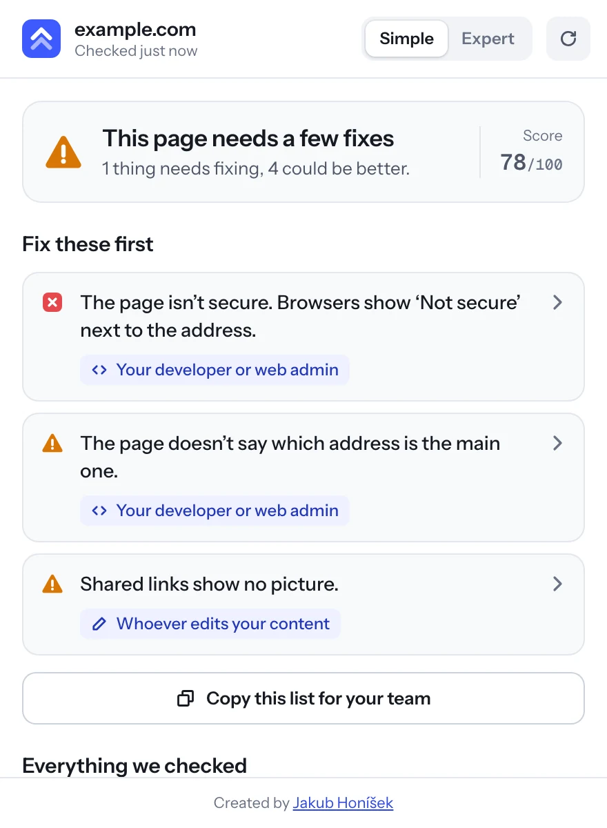 Simple mode: a one-sentence verdict, the things to fix first and who fixes them