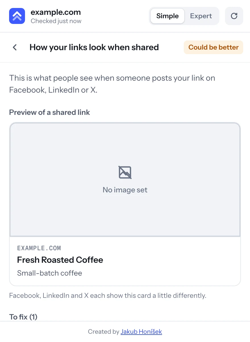 Preview of a shared link with the missing image flagged