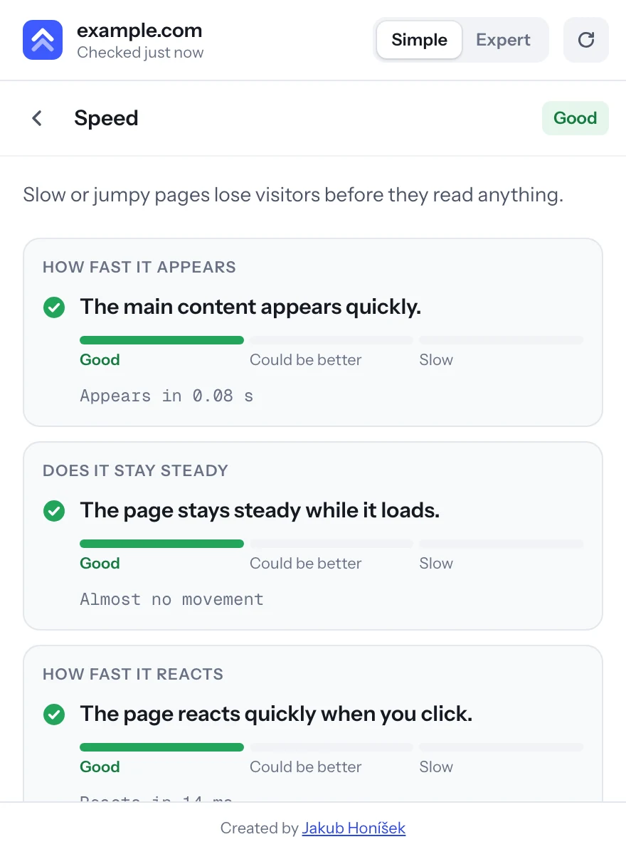Speed in Simple mode: how fast the page appears, stays steady and reacts